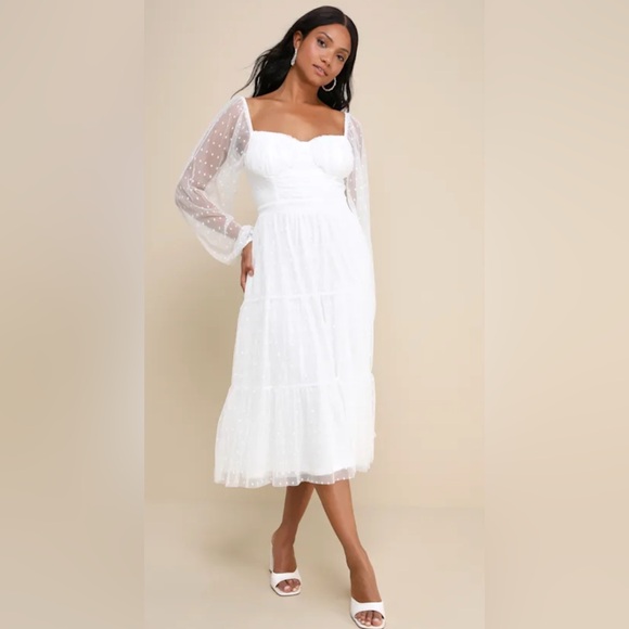 Lulus Dresses & Skirts - NWT Lulus White Long Sleeve Tiered Dress with Sheer Polka Dot Sleeves | Size XS
